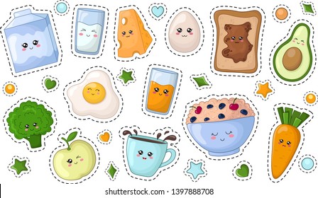 Set of kawaii stickers or patches with diet food - fruit, vegetables, milk, porridge, egg, avocado on white background, cute characters. Isolated elements for design, vector flat illustration