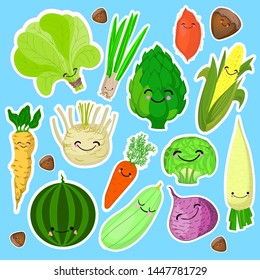A set of kawaii stickers or patches with - vegetables - tomatoes, cucumbers, potatoes, beets, carrots on a white and blue backgroun