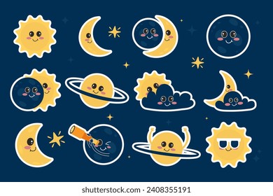 Set of kawaii stickers solar eclipse elements in flat cartoon style