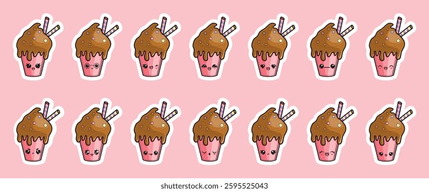Set of kawaii strawberry chocolate shake stickers with different emotions. Vector illustration of characters	