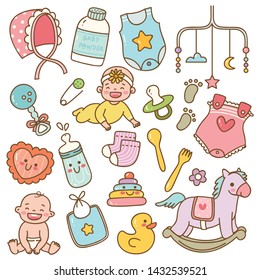 Set of kawaii style baby toys and accessories doodle