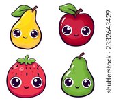 A set of kawaii style fruit with big eyes. Cute illustrations of strawberry, apple, pear. Fruits with faces on white background 