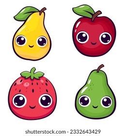 Un conjunto de frutas al estilo kawaii con ojos grandes. Cuidadas ilustraciones de fresa, manzana, pera. Frutas con caras de fondo blanco 