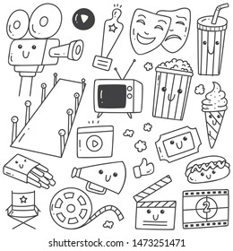 Set of kawaii style movie doodles line art