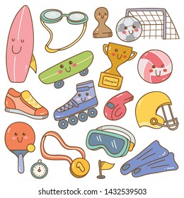 Set of kawaii style sport equipment doodles