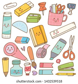 Set of kawaii style stationary doodles