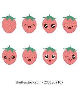  Set of kawaii style strawberries with eyes.Flat design vector illustration of strawberries on white background.