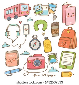 Set of kawaii style travel doodles