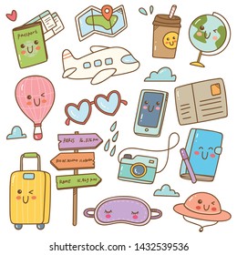 Set of kawaii style travel doodles