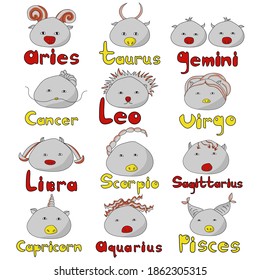 A set of kawaii style zodiac signs, funny gray rounds with a red or yellow nose and a symbolic hairstyle, yellow and red inscriptions in volumetric doodle letters vector illustration