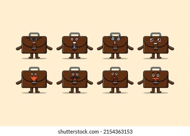 Set kawaii suitcase cartoon character with different expressions of cartoon face vector illustration