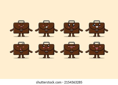 Set kawaii suitcase cartoon character with different expressions of cartoon face vector illustration