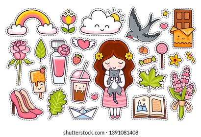 Juego de stickers de verano kawaii para chicas: lavanda, perfume, rosa, helado, café, arcoiris, chocolate, tragos, zapatos rosas, libro. Colección de ilustraciones vectoriales.