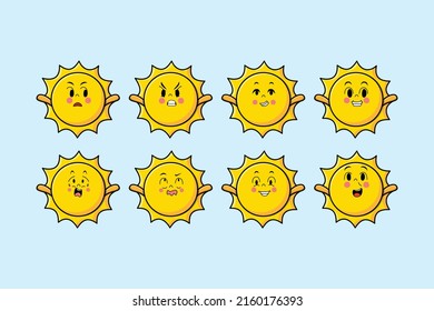 Set kawaii sun cartoon character with different expressions of cartoon face vector illustrations