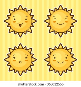 Set of kawaii suns with different facial expressions.