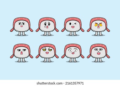 Set kawaii sushi cartoon character with different expressions of cartoon face vector illustrations
