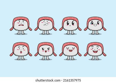 Set kawaii sushi cartoon character with different expressions of cartoon face vector illustrations