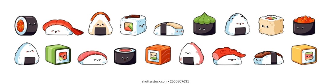 Conjunto de sushi kawaii com rostos. Personagens bonitos da cozinha japonesa, comida com emoções diferentes. Onigiri, maki, sashimi com expressões faciais felizes. Ilustrações isoladas planas de vetor em branco