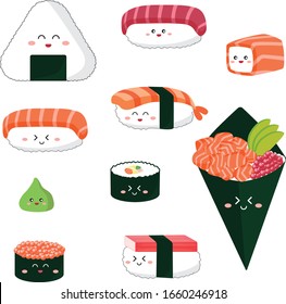 Kawaii Funny Sushi Set Pink Cheeks Stock Vector (Royalty Free ...