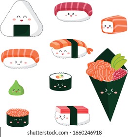 
Set von kawaii-Sushi-Handzeichnungen und japanischen und orientalischen Lebensmitteln