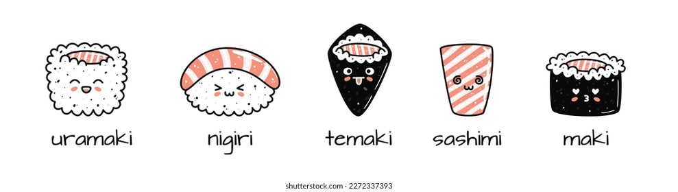 Set of kawaii sushi mascots in cartoon style. Different types of sushi. Cute hand drawn asian food for menu