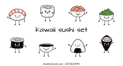 Set of kawaii sushi mascots in cartoon style. Different types of sushi. Cute hand drawn asian food for menu