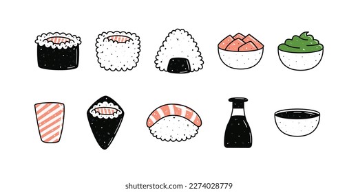 Set of kawaii sushi mascots in cartoon style. Different types of sushi. Cute hand drawn asian food for menu