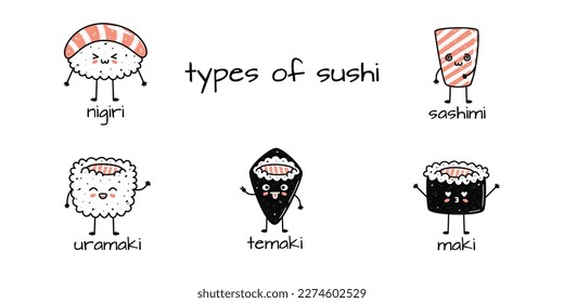 Set of kawaii sushi mascots in cartoon style. Different types of sushi. Cute hand drawn asian food for menu