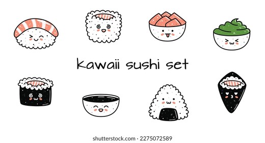 Set of kawaii sushi mascots in cartoon style. Different types of sushi. Cute hand drawn asian food for menu