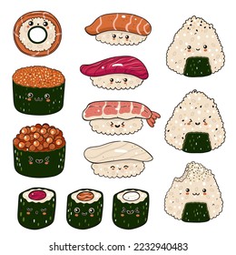 Set of kawaii sushi and onigiri isolated on white background. Vector graphics.
