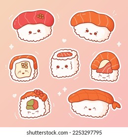 Set of kawaii sushi and rolls. Collection of cute stickers asian food with funny and happy face in cartoon style. Vector illustration