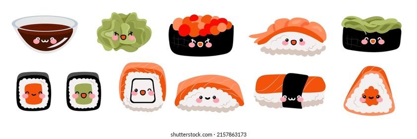 Set of kawaii sushi, rolls, nigiri, sashimi, nigiri, maki, gunkan, uramaki with tuna, shrimp, salmon, tempura, seaweed, caviar, wasabi and soy souse.Funny cute face characters. Japanese cartoon style.