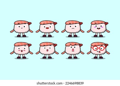 Set kawaii Sushi shrimp cartoon character with different expressions cartoon face illustrations