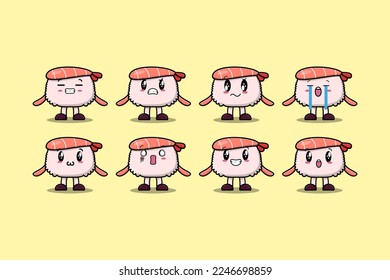 Set kawaii Sushi shrimp cartoon character with different expressions cartoon face illustrations