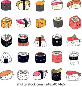 Set aus Kawaii-Sushi. Einfaches und fröhliches Sushi verschiedener Typen, jeder hat lustige Gesichter.