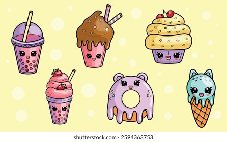  Set of kawaii sweet food characters.Vector illustration of characters