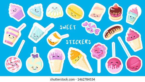 Set of kawaii sweet food - sweets or desserts on white background, cute characters for print, cards. Donut, cake, bun, candy, cotton candy, cup of tea are smiling. Vector flat illustration