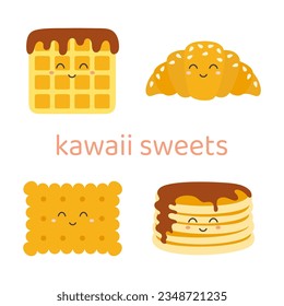 conjunto de dulces kawaii personajes de crepes de chocolate, gofres belgas, cracker y croissant, ilustración vectorial de dibujos animados aislados en fondo blanco