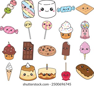 Conjunto de dulces kawaii con líneas simples y sin Gradientes. Cada Imagen en una capa separada. Ilustración vectorial.