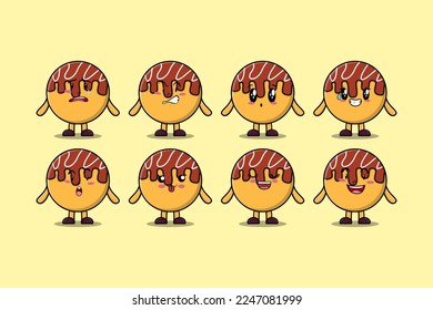 Set kawaii Takoyaki cartoon character with different expressions cartoon face vector illustrations
