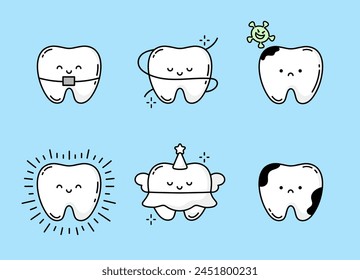 Set of kawaii teeth. Set of cute little teeth on blue background. Vector collection of tooth icons for children design. Dentist baby clinic clipart with mouth hygiene concept. Tooth fairy, Tooth decay