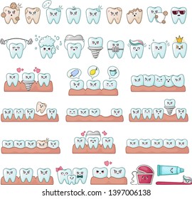 Set of kawaii teeth, dentistry tools, implants, with different emodji, cute cartoon characters - treatment and oral dental hygiene, dental care concept. Vector flat illustration