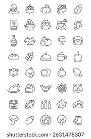 Set of kawaii Thanksgiving day icons. Collection of 40 black outlined autumn-themed doodles including food, characters, and harvest symbols. Simple monochrome style with cute details. Vector 10 EPS.