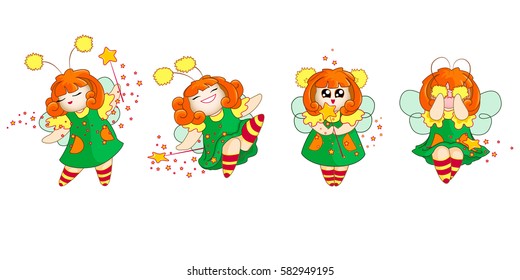 Set kawaii of tiny fairies in a green dress and with red hair. Vector children's cartoon. Emoji Icons in Japanese style. Sticker emotions. Laughing, dances, asks, offended