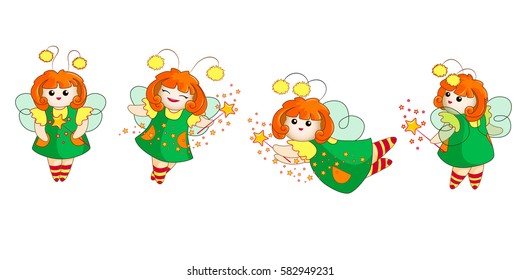 Set kawaii of tiny fairies in a green dress and with red hair. Vector children's cartoon. Emoji Icons in Japanese style. Sticker emotions. Smiling, laughing, flying, looks