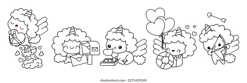 Set of Kawaii Unicorn Coloring Page Illustrations. Collection of Cute Vector Isolated Horse Outline Illustrations. Cute Vector Animals in Love for Coloring Book 