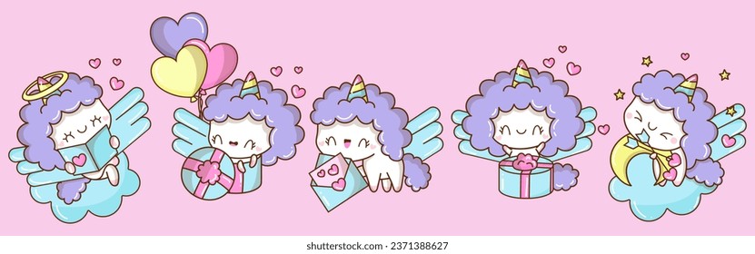 Set of Kawaii Unicorn Illustrations. Collection of Cute Vector Isolated Horse Illustrations. Cute Vector Animals in Love 