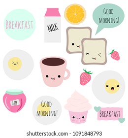 Set of kawaii vector breakfast items for stickers, patches, bullet journals, scrapbooking, etc.