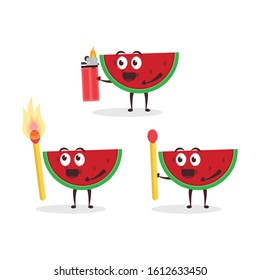 set Kawaii vector illustration character cartoon cute fruit watermelon mascot holding lighter matches fire in white background modern flat design brand