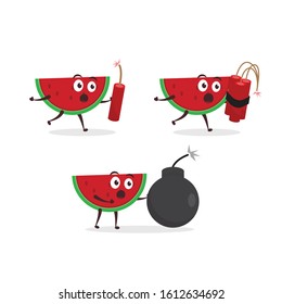 set Kawaii vector illustration character cartoon cute fruit watermelon mascot holding dynamite bomb in white background modern flat design brand